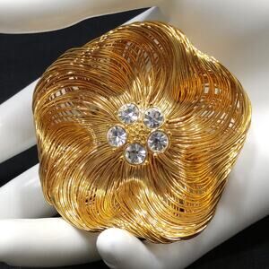 Vintage MONET Gold Wire Flower Brooch Clear Rhinestone 2.25in